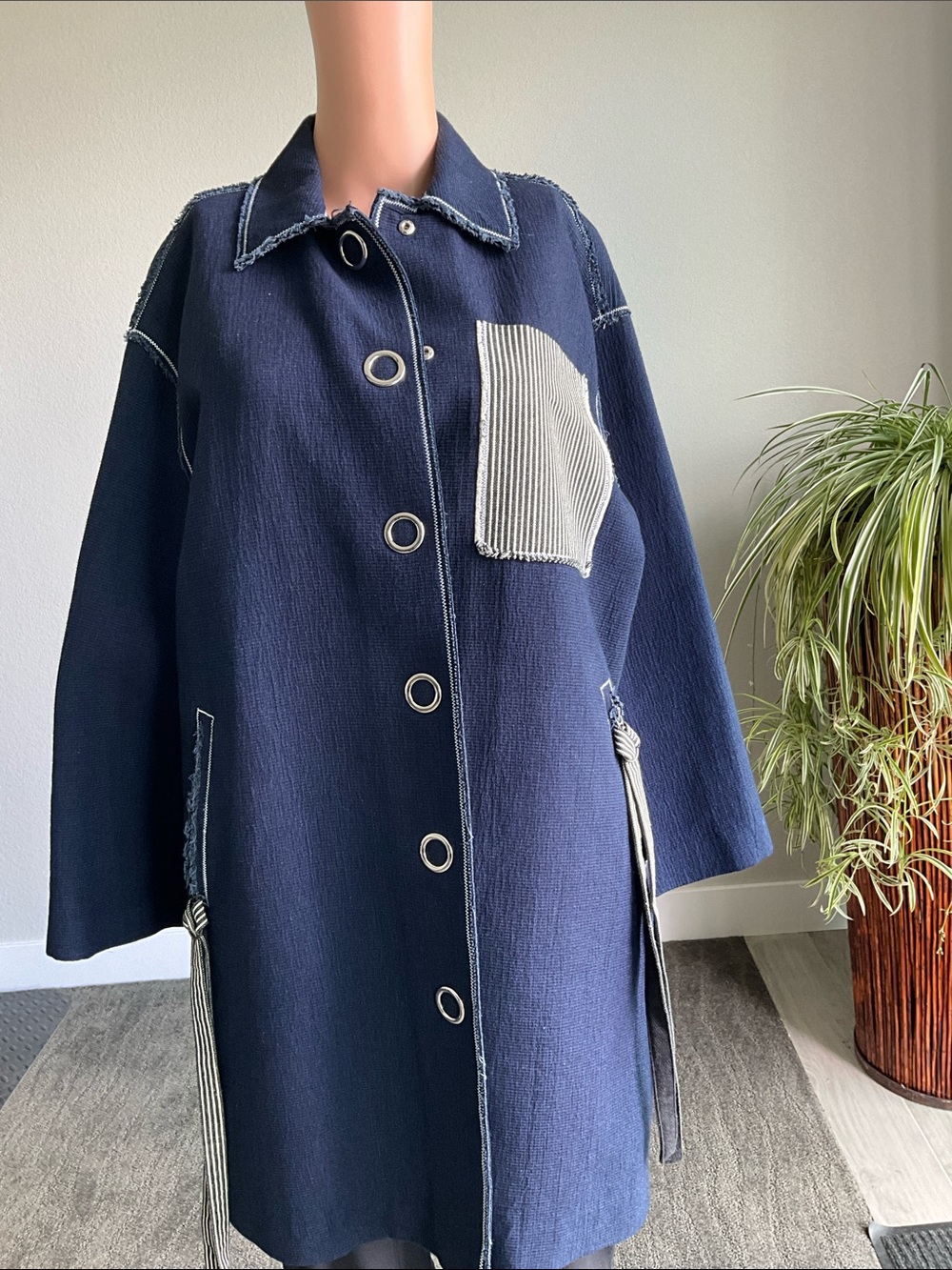 Women Navy Pea Coat with Contrast Pocket Detail